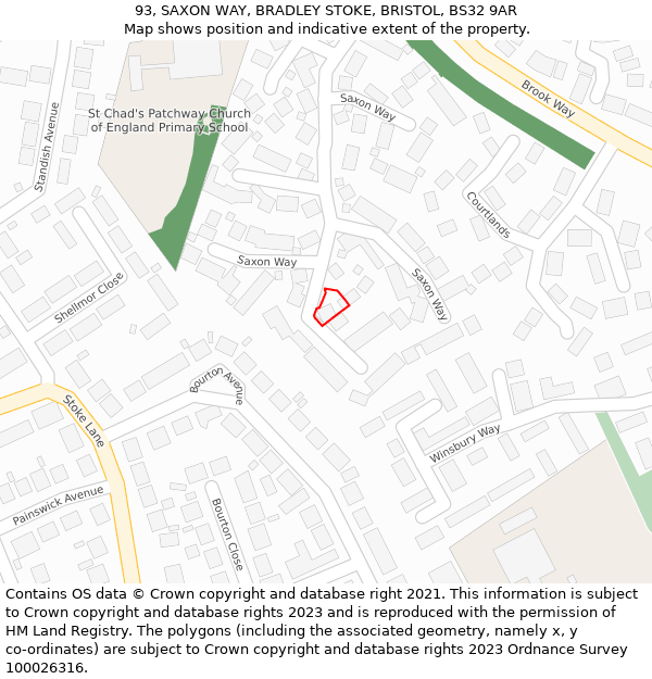 93, SAXON WAY, BRADLEY STOKE, BRISTOL, BS32 9AR: Location map and indicative extent of plot