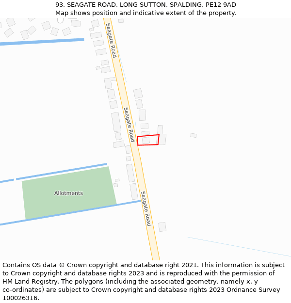 93, SEAGATE ROAD, LONG SUTTON, SPALDING, PE12 9AD: Location map and indicative extent of plot