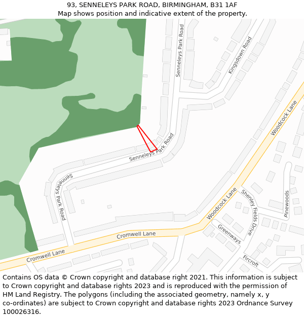 93, SENNELEYS PARK ROAD, BIRMINGHAM, B31 1AF: Location map and indicative extent of plot