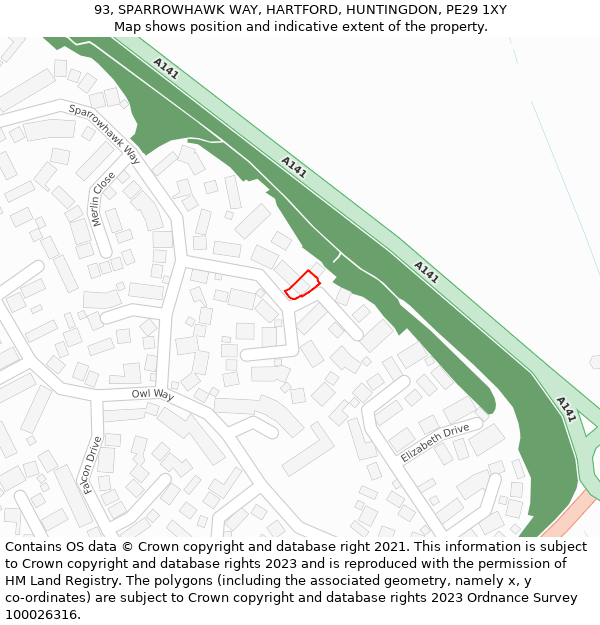 93, SPARROWHAWK WAY, HARTFORD, HUNTINGDON, PE29 1XY: Location map and indicative extent of plot