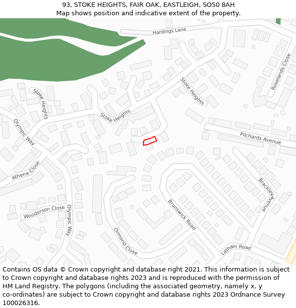 93, STOKE HEIGHTS, FAIR OAK, EASTLEIGH, SO50 8AH: Location map and indicative extent of plot