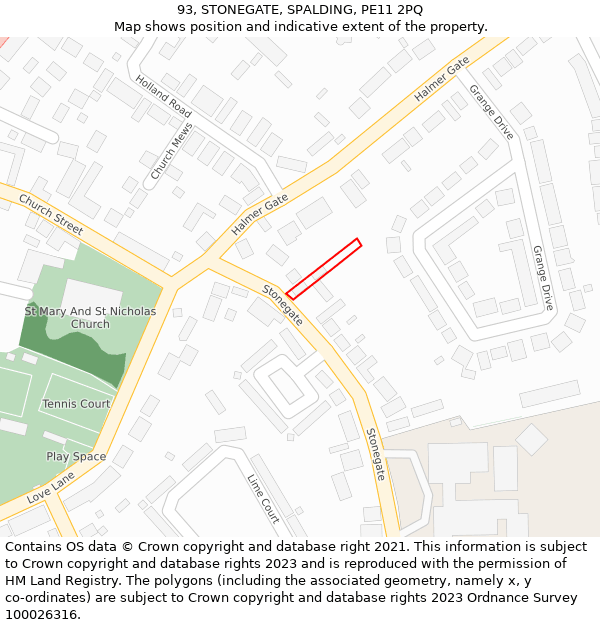 93, STONEGATE, SPALDING, PE11 2PQ: Location map and indicative extent of plot
