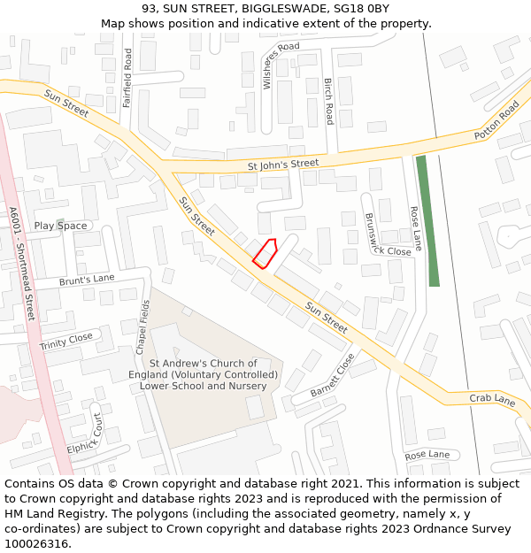 93, SUN STREET, BIGGLESWADE, SG18 0BY: Location map and indicative extent of plot