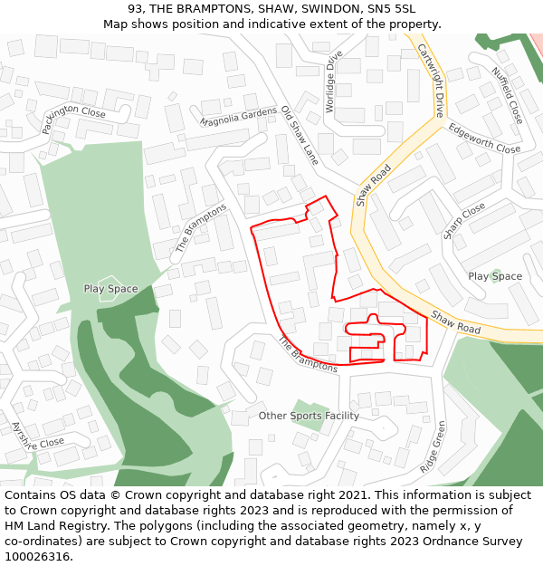93, THE BRAMPTONS, SHAW, SWINDON, SN5 5SL: Location map and indicative extent of plot