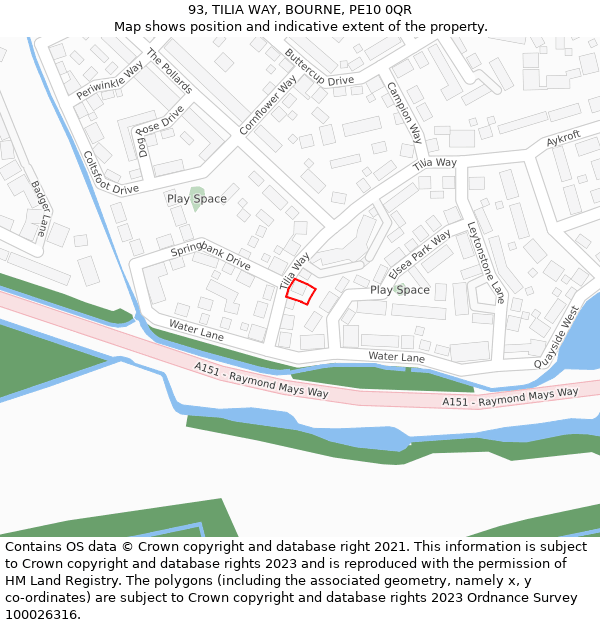 93, TILIA WAY, BOURNE, PE10 0QR: Location map and indicative extent of plot