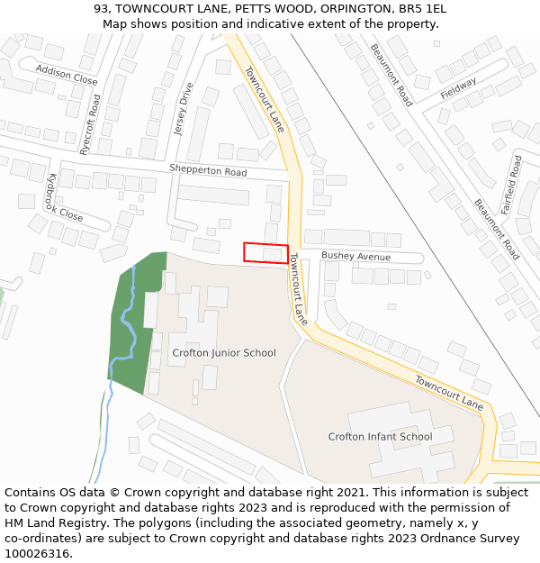 93, TOWNCOURT LANE, PETTS WOOD, ORPINGTON, BR5 1EL: Location map and indicative extent of plot