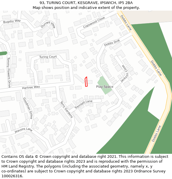 93, TURING COURT, KESGRAVE, IPSWICH, IP5 2BA: Location map and indicative extent of plot