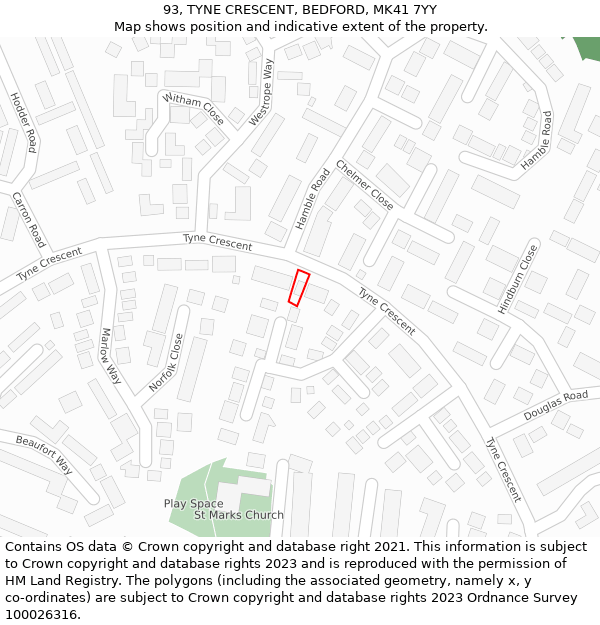 93, TYNE CRESCENT, BEDFORD, MK41 7YY: Location map and indicative extent of plot