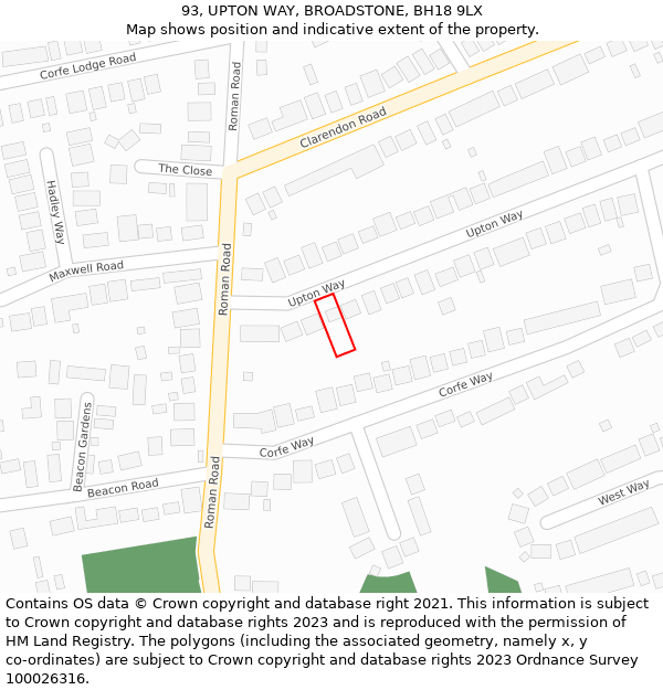 93, UPTON WAY, BROADSTONE, BH18 9LX: Location map and indicative extent of plot