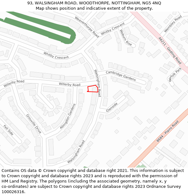 93, WALSINGHAM ROAD, WOODTHORPE, NOTTINGHAM, NG5 4NQ: Location map and indicative extent of plot