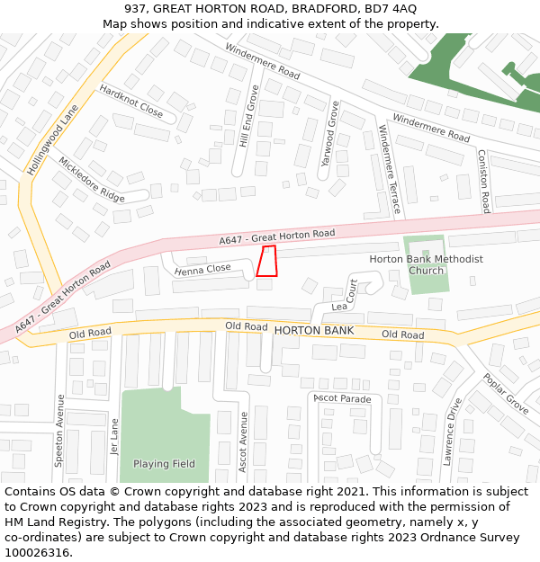 937, GREAT HORTON ROAD, BRADFORD, BD7 4AQ: Location map and indicative extent of plot