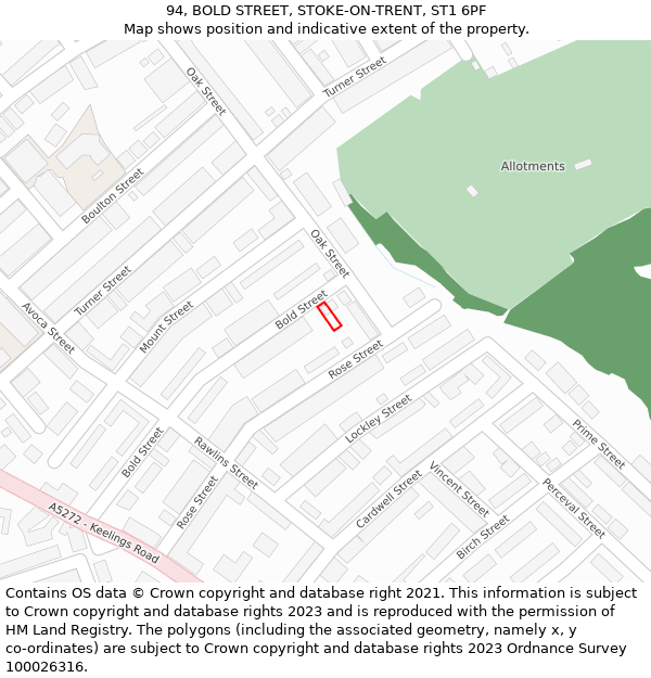 94, BOLD STREET, STOKE-ON-TRENT, ST1 6PF: Location map and indicative extent of plot