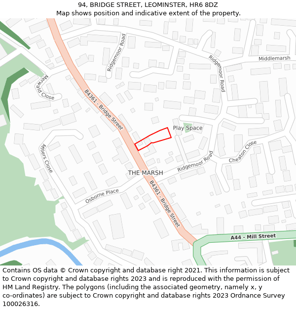 94, BRIDGE STREET, LEOMINSTER, HR6 8DZ: Location map and indicative extent of plot