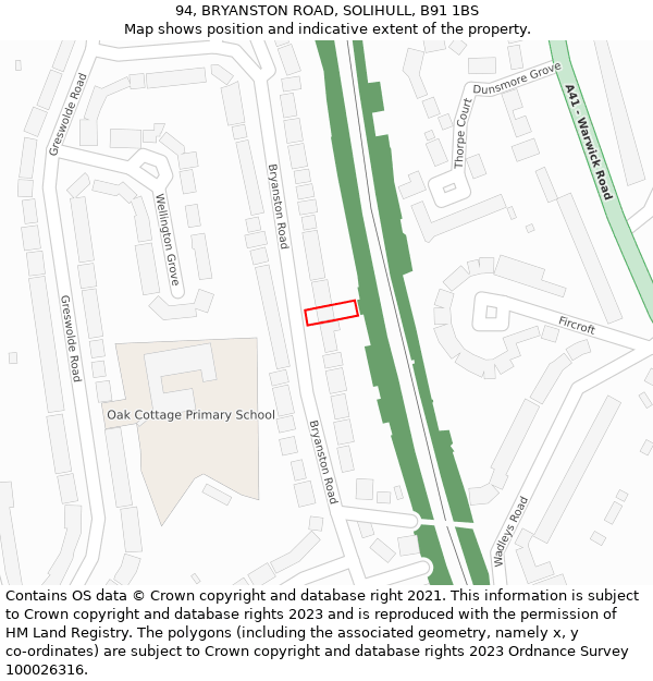 94, BRYANSTON ROAD, SOLIHULL, B91 1BS: Location map and indicative extent of plot