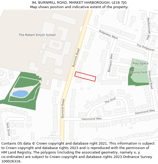 94, BURNMILL ROAD, MARKET HARBOROUGH, LE16 7JG: Location map and indicative extent of plot