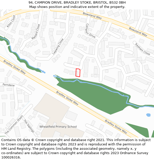 94, CAMPION DRIVE, BRADLEY STOKE, BRISTOL, BS32 0BH: Location map and indicative extent of plot