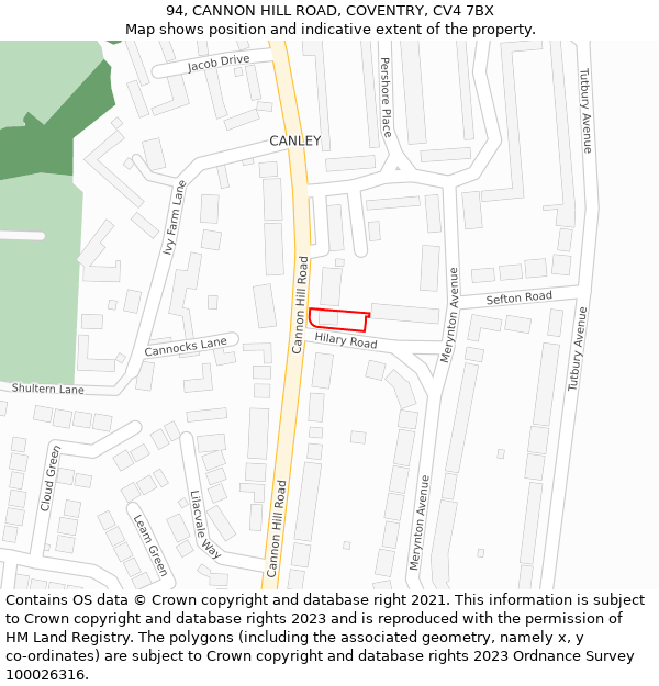 94, CANNON HILL ROAD, COVENTRY, CV4 7BX: Location map and indicative extent of plot