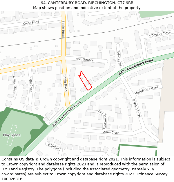 94, CANTERBURY ROAD, BIRCHINGTON, CT7 9BB: Location map and indicative extent of plot