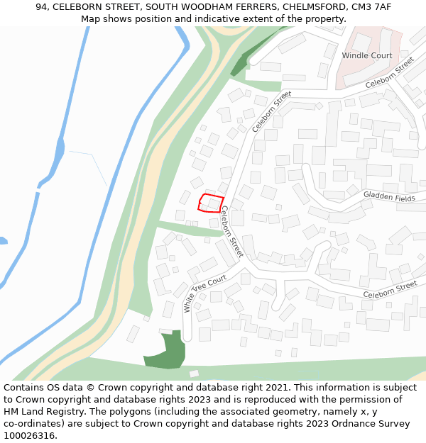 94, CELEBORN STREET, SOUTH WOODHAM FERRERS, CHELMSFORD, CM3 7AF: Location map and indicative extent of plot