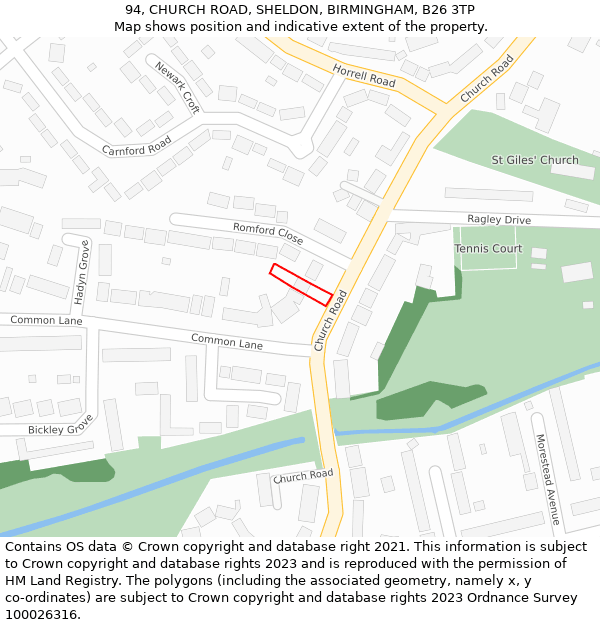 94, CHURCH ROAD, SHELDON, BIRMINGHAM, B26 3TP: Location map and indicative extent of plot