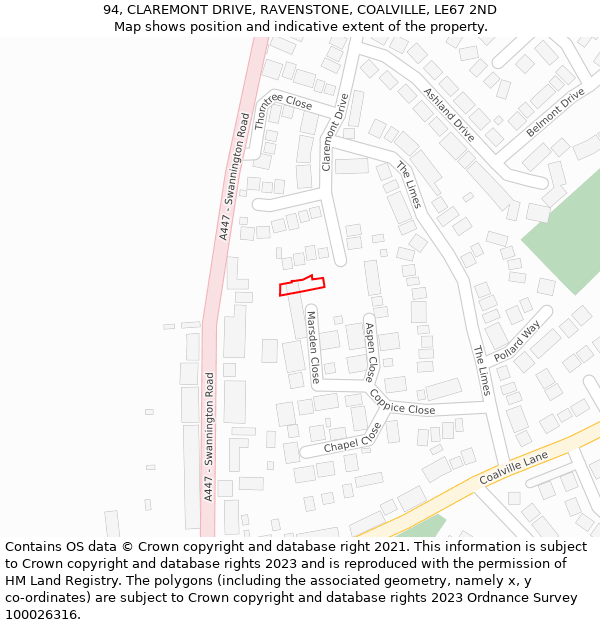 94, CLAREMONT DRIVE, RAVENSTONE, COALVILLE, LE67 2ND: Location map and indicative extent of plot
