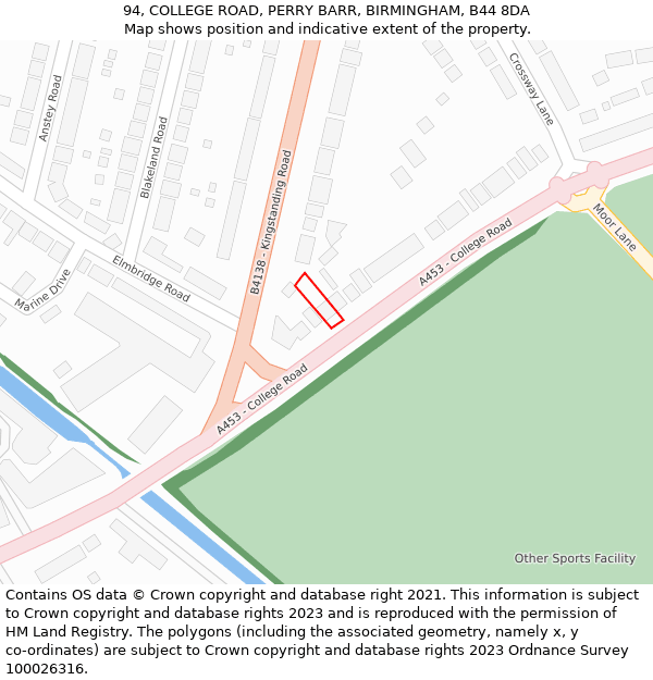 94, COLLEGE ROAD, PERRY BARR, BIRMINGHAM, B44 8DA: Location map and indicative extent of plot