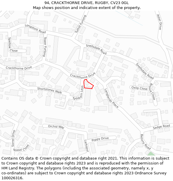 94, CRACKTHORNE DRIVE, RUGBY, CV23 0GL: Location map and indicative extent of plot