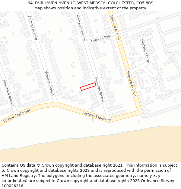 94, FAIRHAVEN AVENUE, WEST MERSEA, COLCHESTER, CO5 8BS: Location map and indicative extent of plot