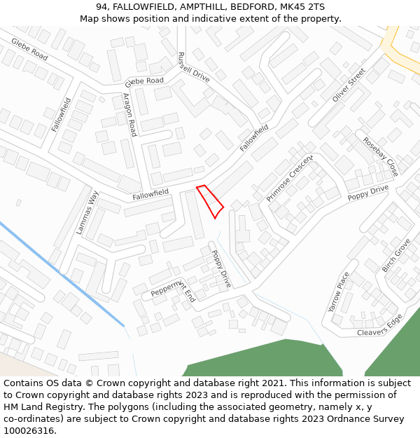 94, FALLOWFIELD, AMPTHILL, BEDFORD, MK45 2TS: Location map and indicative extent of plot