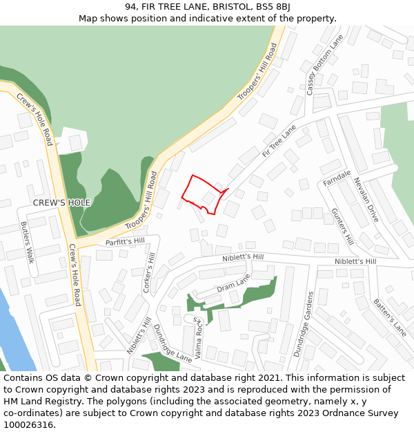 94, FIR TREE LANE, BRISTOL, BS5 8BJ: Location map and indicative extent of plot