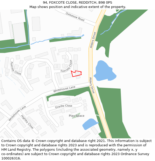 94, FOXCOTE CLOSE, REDDITCH, B98 0PS: Location map and indicative extent of plot