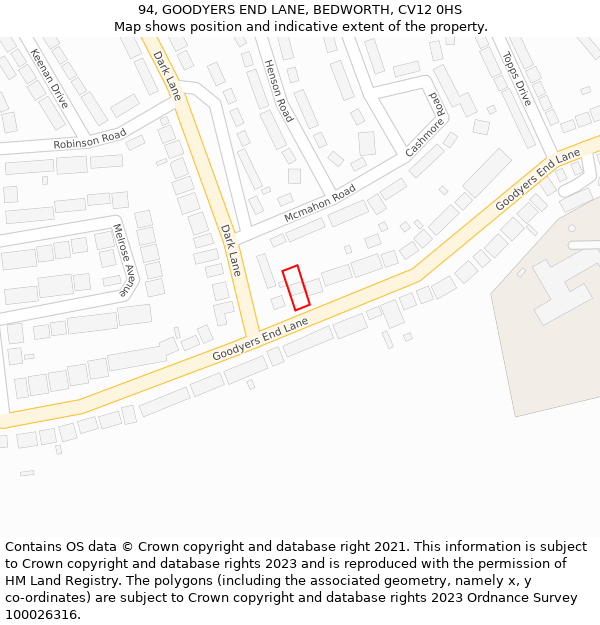 94, GOODYERS END LANE, BEDWORTH, CV12 0HS: Location map and indicative extent of plot