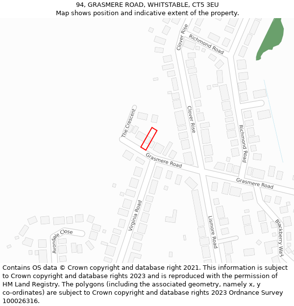 94, GRASMERE ROAD, WHITSTABLE, CT5 3EU: Location map and indicative extent of plot