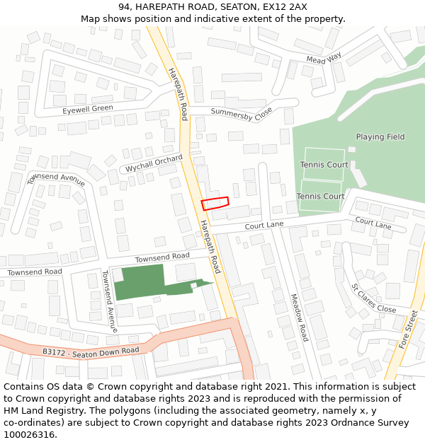 94, HAREPATH ROAD, SEATON, EX12 2AX: Location map and indicative extent of plot