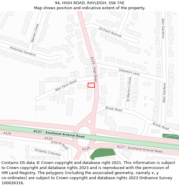 94, HIGH ROAD, RAYLEIGH, SS6 7AE: Location map and indicative extent of plot