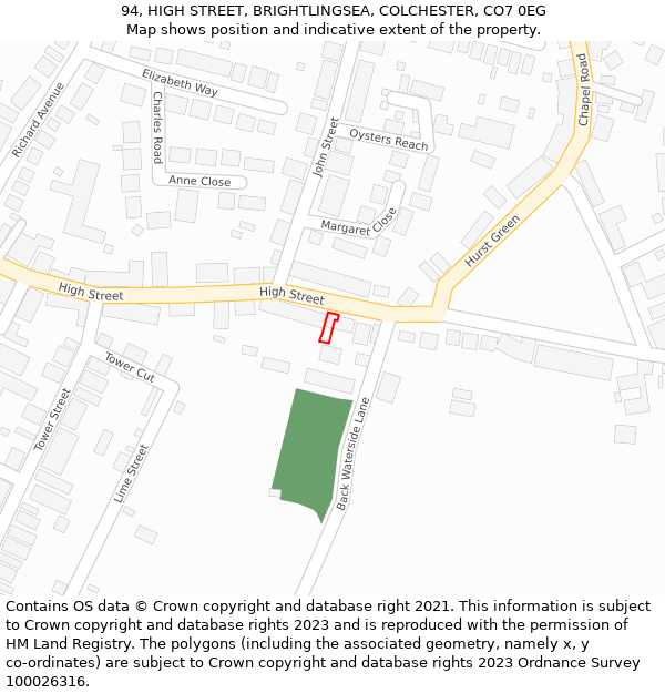 94, HIGH STREET, BRIGHTLINGSEA, COLCHESTER, CO7 0EG: Location map and indicative extent of plot