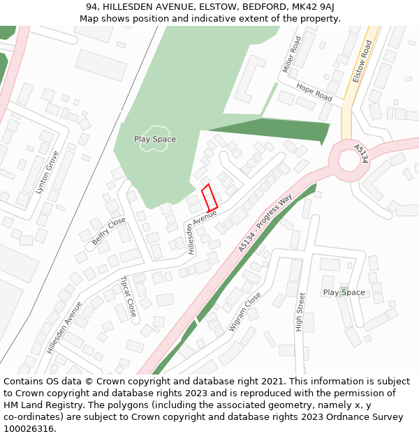 94, HILLESDEN AVENUE, ELSTOW, BEDFORD, MK42 9AJ: Location map and indicative extent of plot