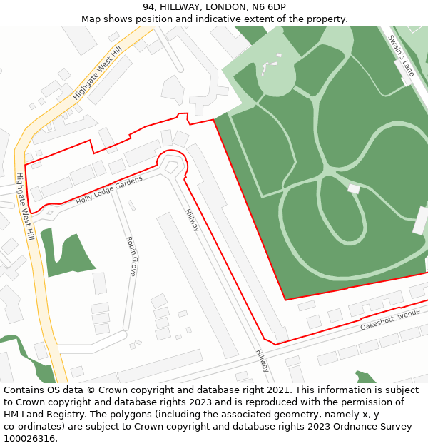 94, HILLWAY, LONDON, N6 6DP: Location map and indicative extent of plot