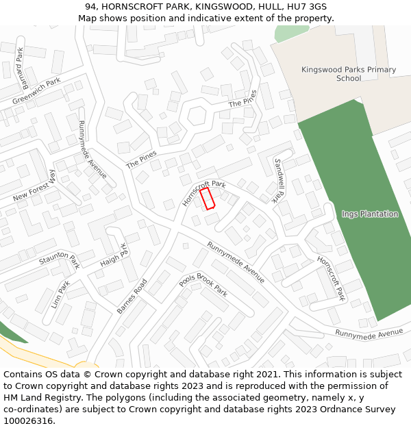 94, HORNSCROFT PARK, KINGSWOOD, HULL, HU7 3GS: Location map and indicative extent of plot