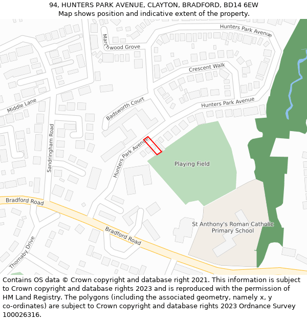 94, HUNTERS PARK AVENUE, CLAYTON, BRADFORD, BD14 6EW: Location map and indicative extent of plot