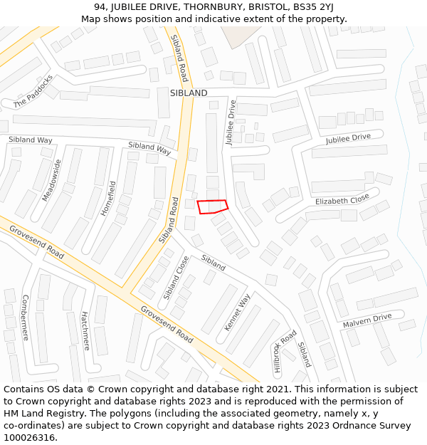 94, JUBILEE DRIVE, THORNBURY, BRISTOL, BS35 2YJ: Location map and indicative extent of plot