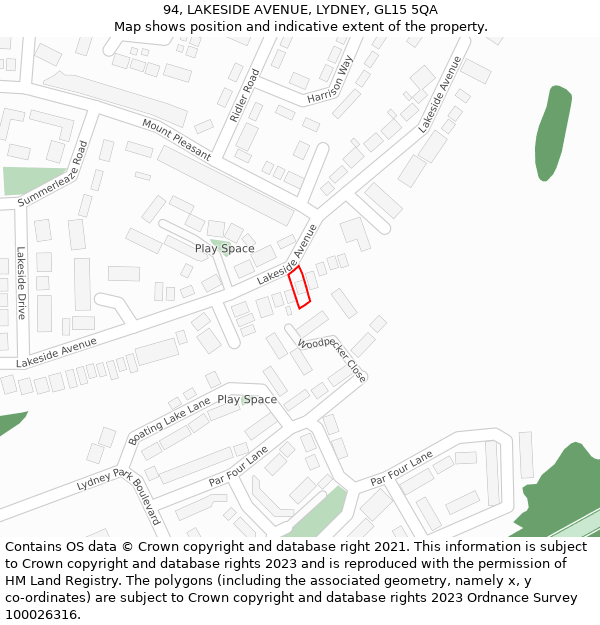 94, LAKESIDE AVENUE, LYDNEY, GL15 5QA: Location map and indicative extent of plot