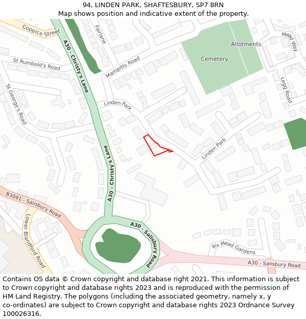 94, LINDEN PARK, SHAFTESBURY, SP7 8RN: Location map and indicative extent of plot