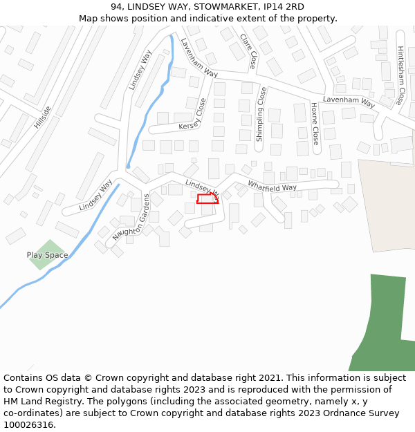94, LINDSEY WAY, STOWMARKET, IP14 2RD: Location map and indicative extent of plot