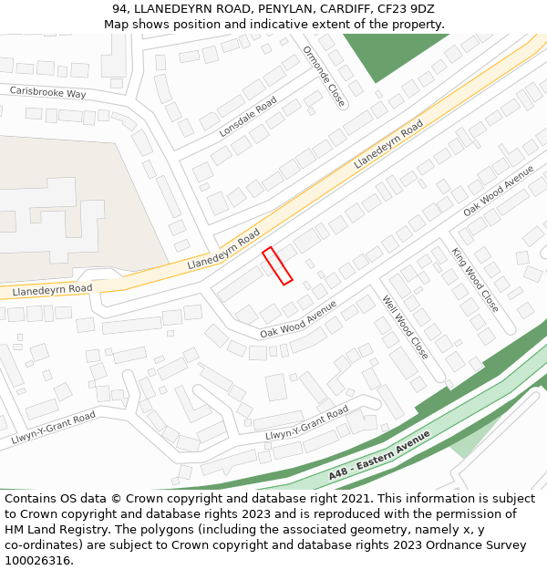 94, LLANEDEYRN ROAD, PENYLAN, CARDIFF, CF23 9DZ: Location map and indicative extent of plot