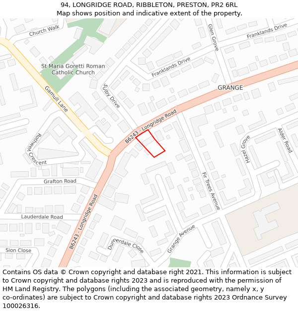 94, LONGRIDGE ROAD, RIBBLETON, PRESTON, PR2 6RL: Location map and indicative extent of plot