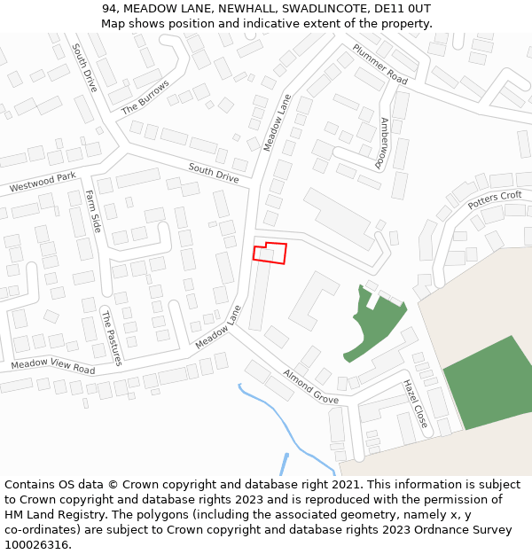 94, MEADOW LANE, NEWHALL, SWADLINCOTE, DE11 0UT: Location map and indicative extent of plot