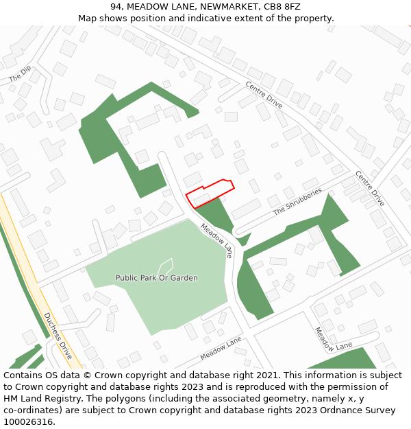 94, MEADOW LANE, NEWMARKET, CB8 8FZ: Location map and indicative extent of plot