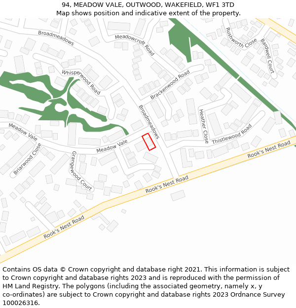 94, MEADOW VALE, OUTWOOD, WAKEFIELD, WF1 3TD: Location map and indicative extent of plot