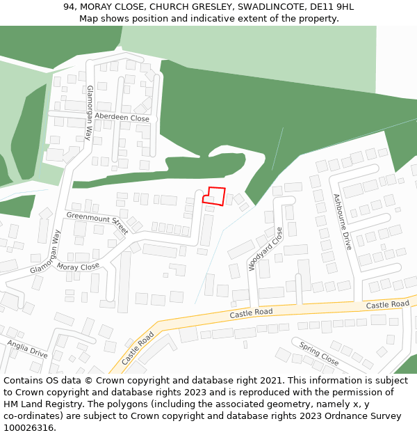 94, MORAY CLOSE, CHURCH GRESLEY, SWADLINCOTE, DE11 9HL: Location map and indicative extent of plot